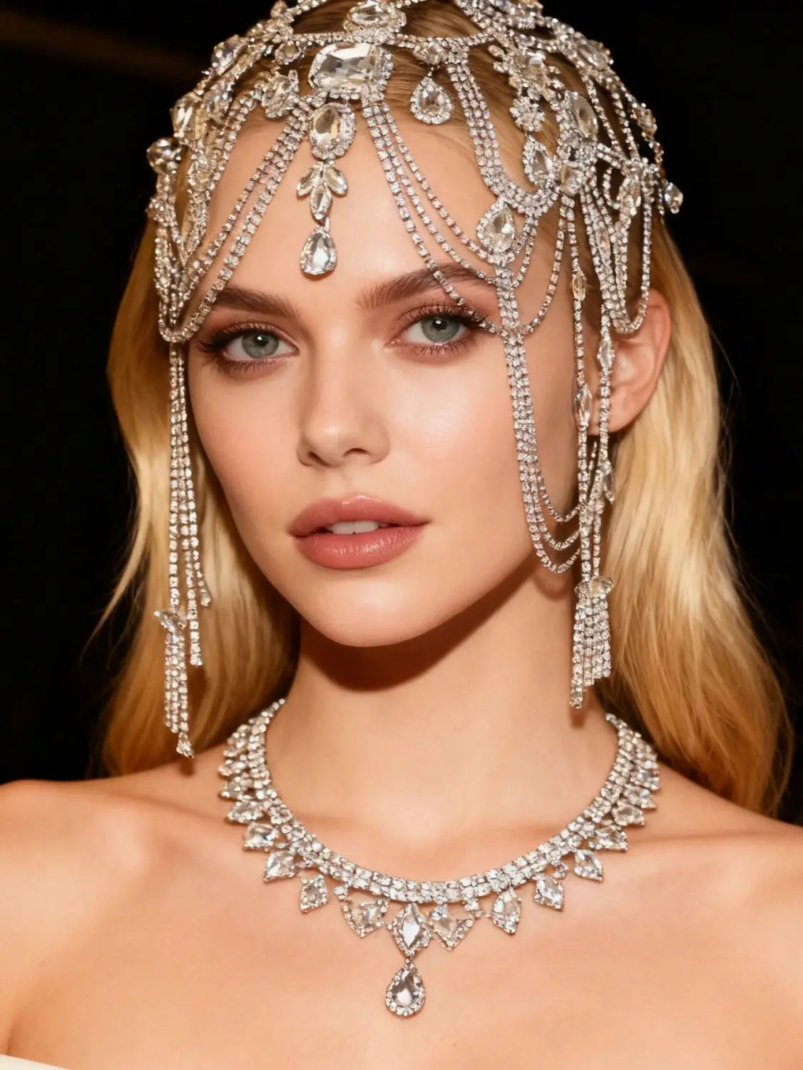 Ein atemberaubendes silbernes Braut-Kristall-Headpiece, verziert mit herabfallenden Ketten und tropfenförmigen Strasskristallen, kombiniert mit einem passenden Strass-Kropfband-Set.