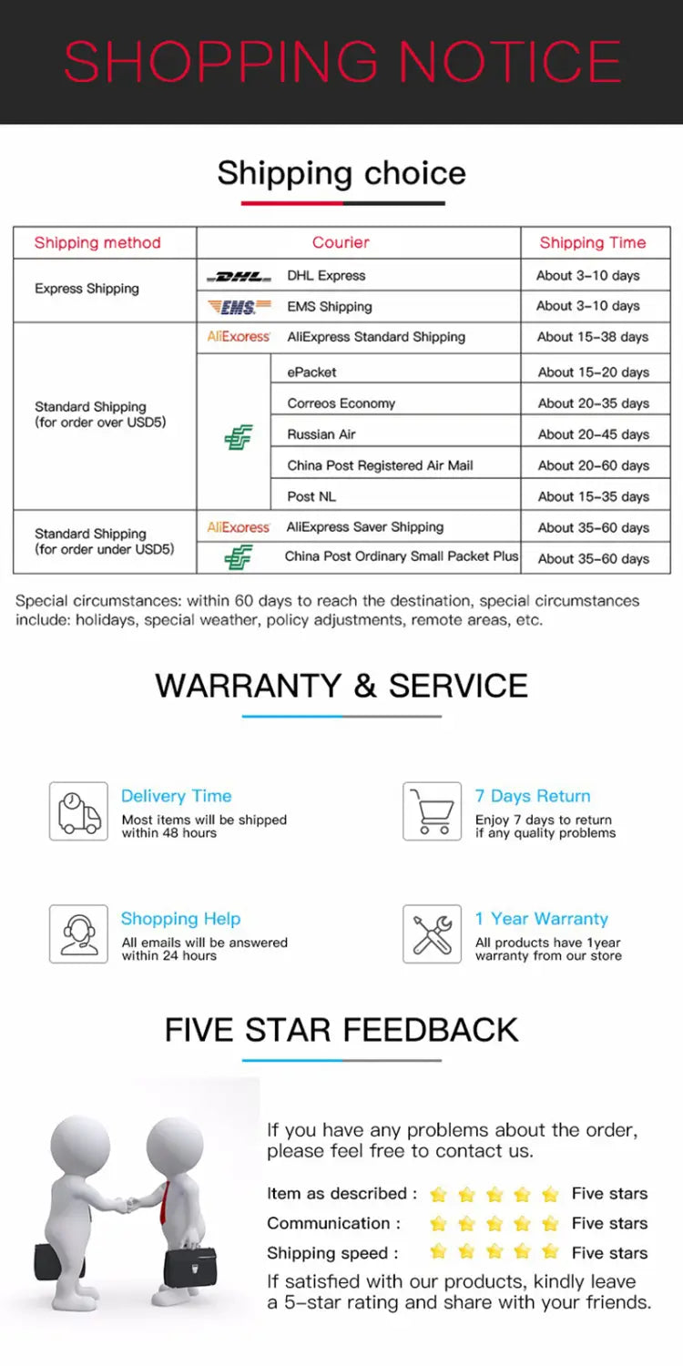 Shipping notice detailing various courier options delivery times warranty terms and customer service information for women quartz crystal watch rose gold rectangular design