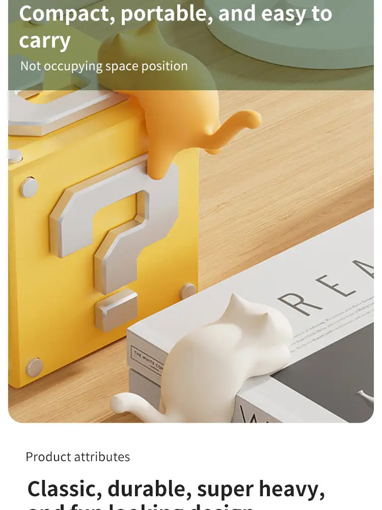 yellow and silver question mark-shaped silicone cat desk hook organizer with a playful cat figurine perched on top