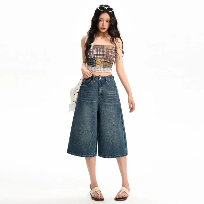 Korean Casual High Waisted Denim Shorts for Women Spring Summer Baggy Jeans Shorts Y2k A-Line Wide Leg Casual Jeans High Street