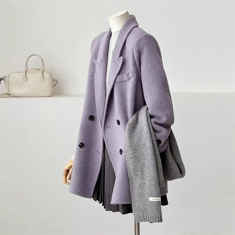 Women's Double-faced Woolen Coat Spring Autumn New Suit Collar Double Breasted Long Sleeve Temperament Commuting Purple Jacket