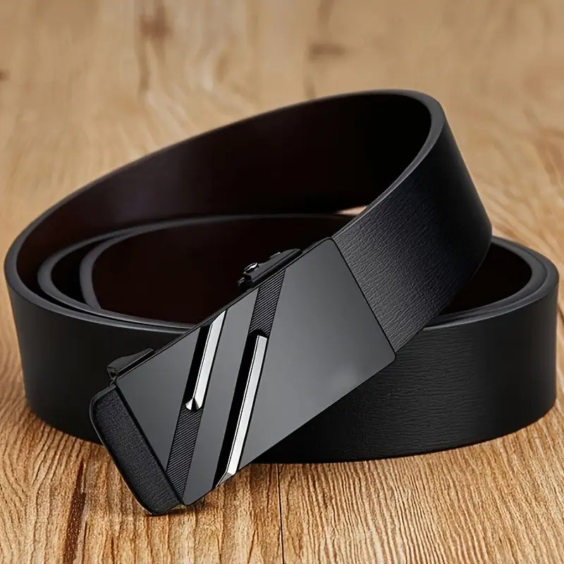 Black synthetic leather men automatic buckle belt with a sleek modern black buckle featuring two silver-toned diagonal stripes
