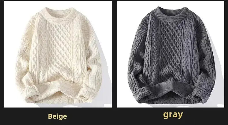 Beige- und graue Herren-Cardigan-Lockenstrick-Sweater zeichnen sich durch strukturierte, ineinander verschlungene Muster in einem lässigen Winterpullover-Design aus.