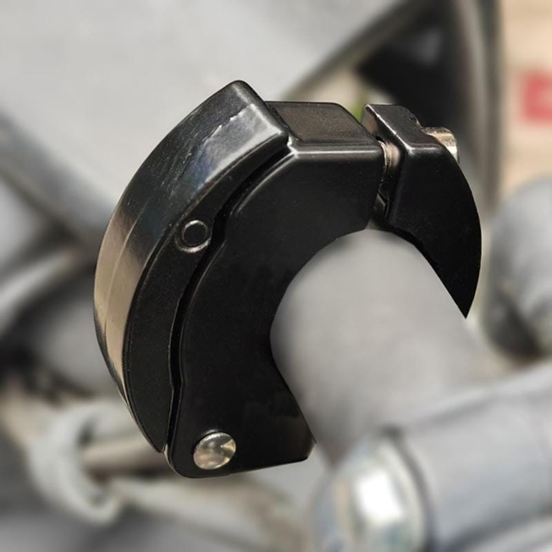 Black aluminum bike handlebar bag hook with a sleek curved metal clamp and silver-toned fasteners for scooters.