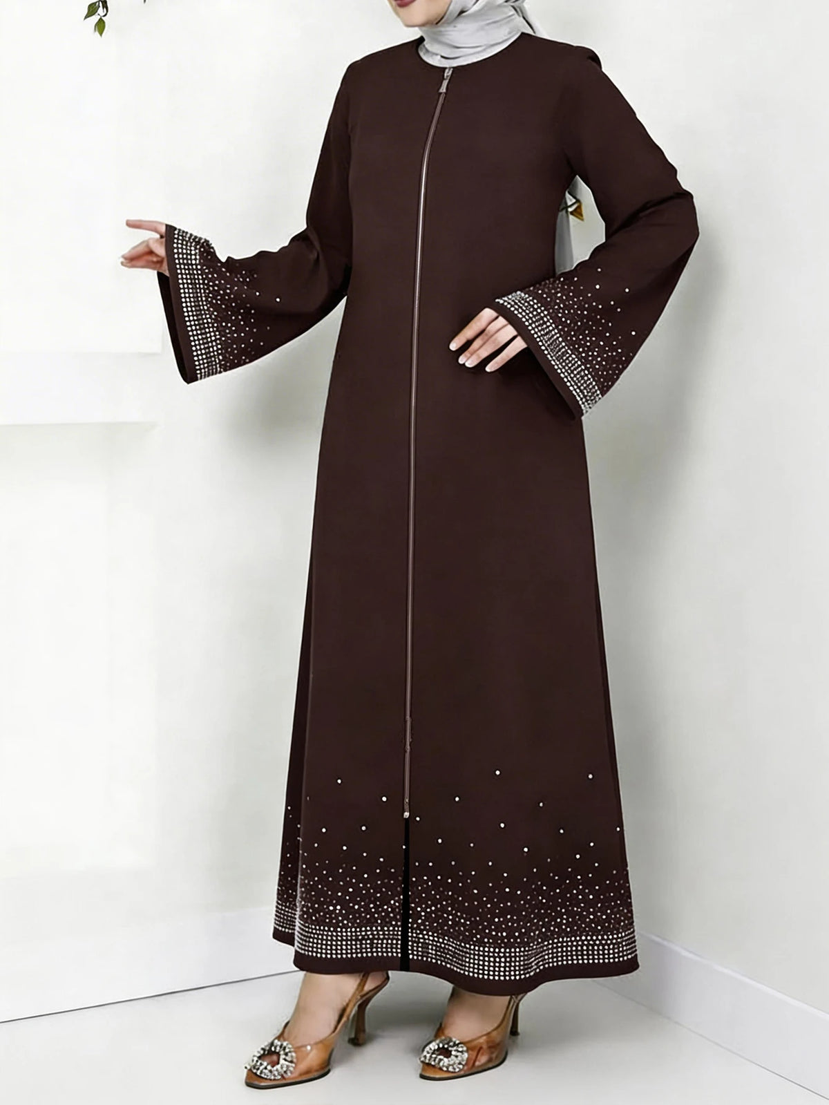 Middle Eastern Arabian Women Elegant Dress Long Sleeve Star Rhinestone Loose Solid Color