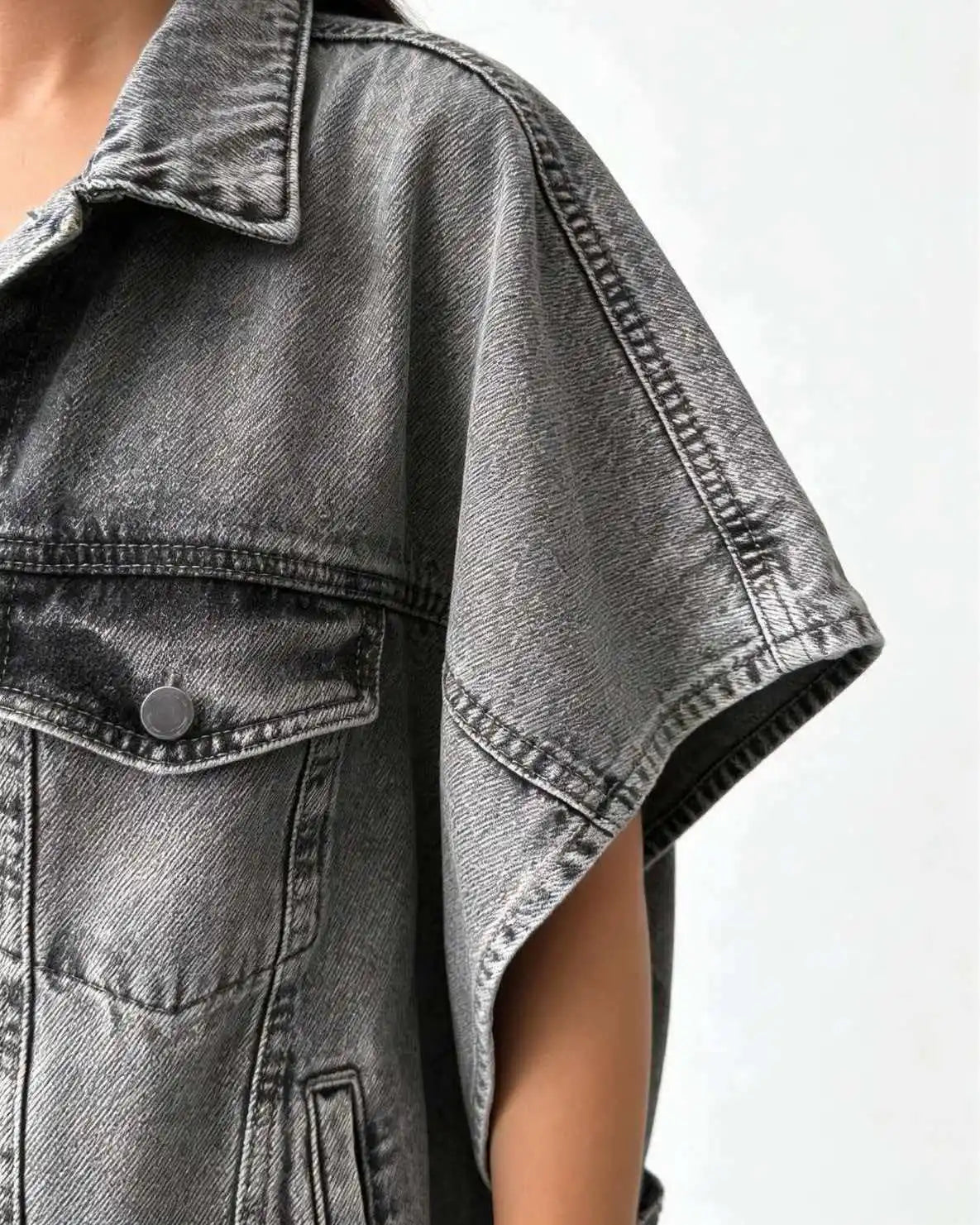 Women's Gray Denim Jacket, Short-Sleeve Casual Loose Top