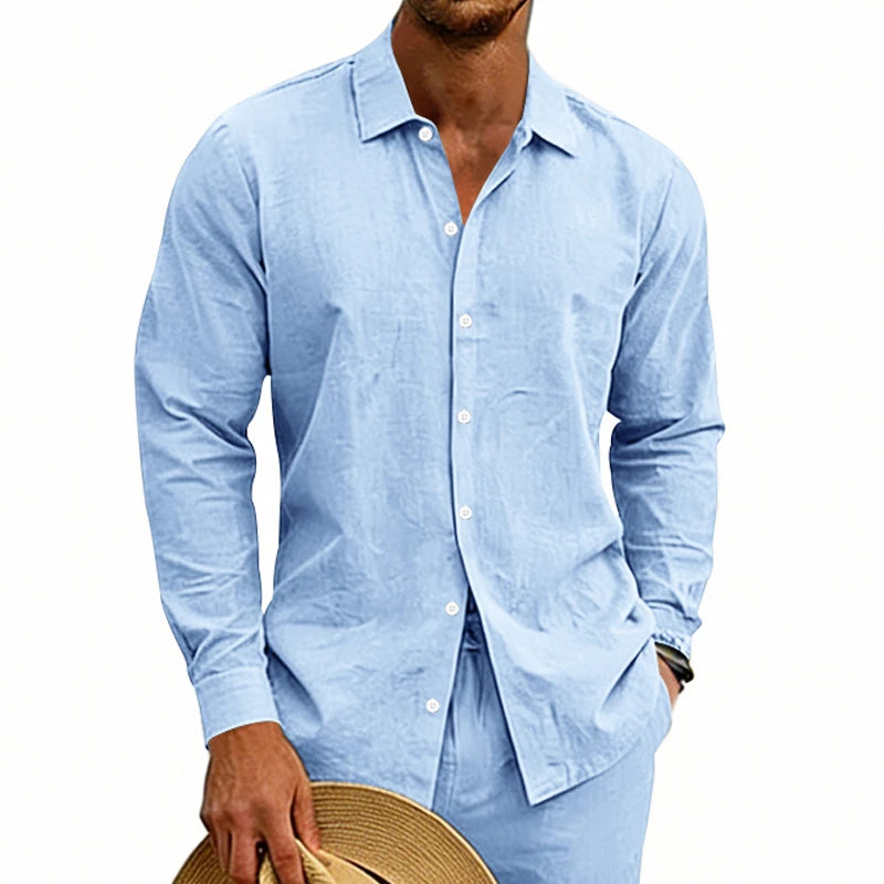 Men beige linen long sleeve casual shirt featuring a light blue long-sleeved button-down front with a subtle textured weave and white buttons.