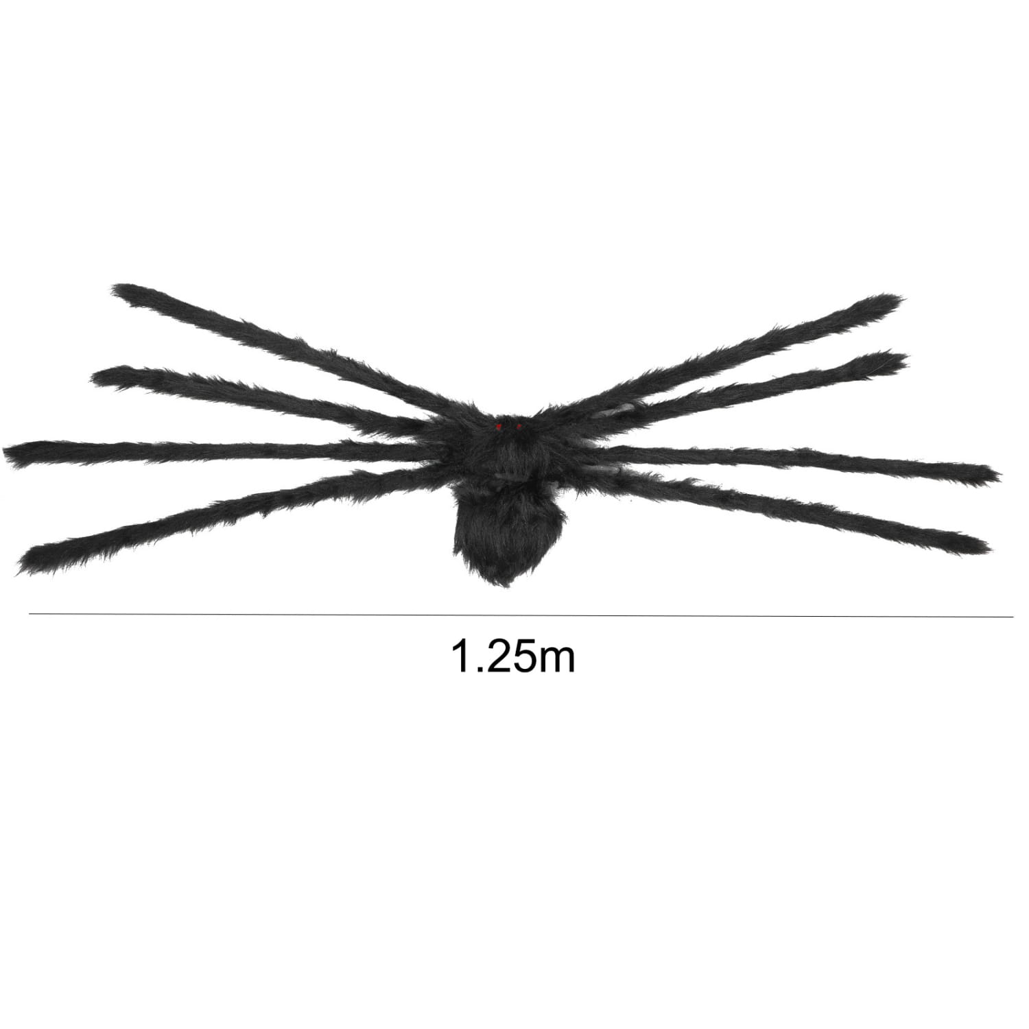 fausse araignée duveteuse noire aux huit longues pattes, présentée dans le cadre de décorations d’Halloween, incluant une toile d’araignée géante.