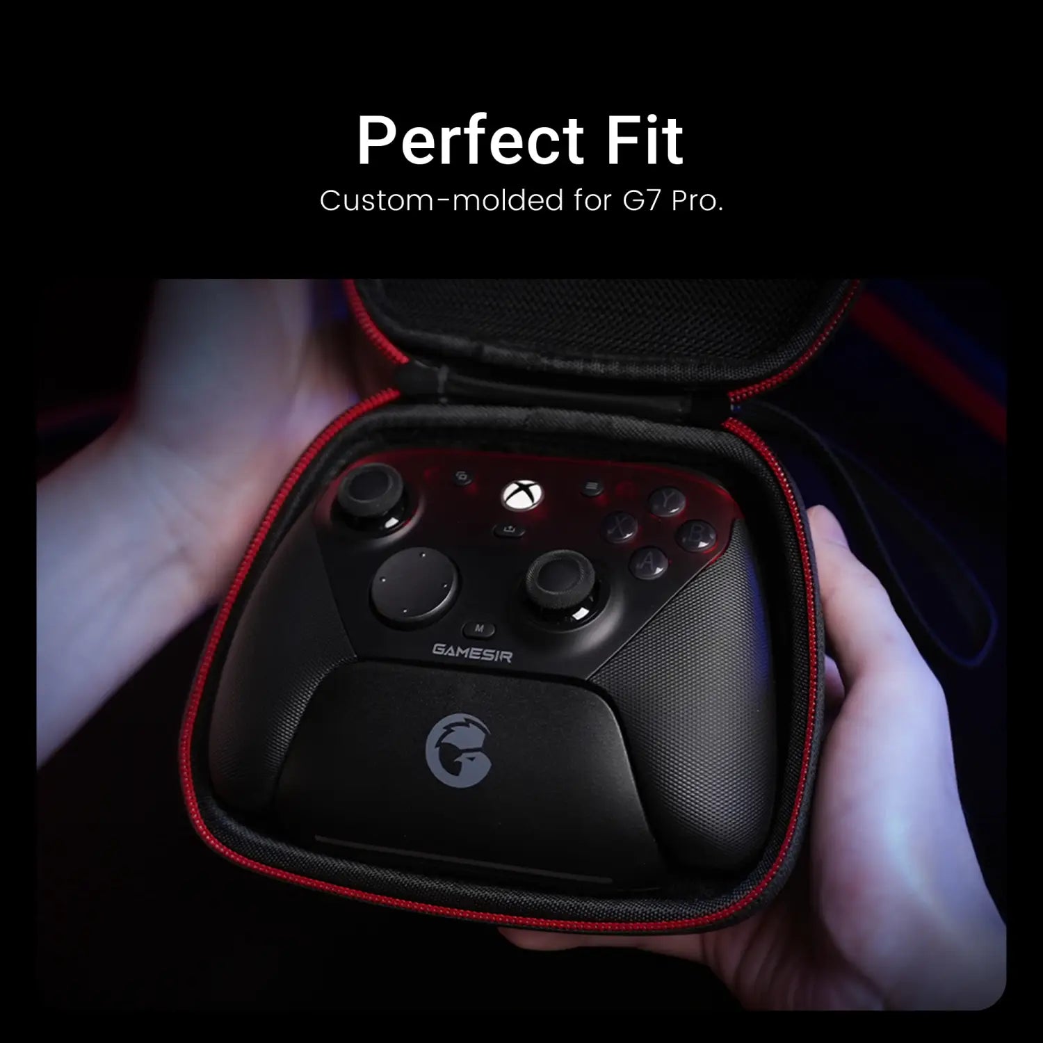 Black and red Gamesir G7 Pro gaming controller with magnetic faceplate and accessories kit nestled in its custom-molded carrying case.