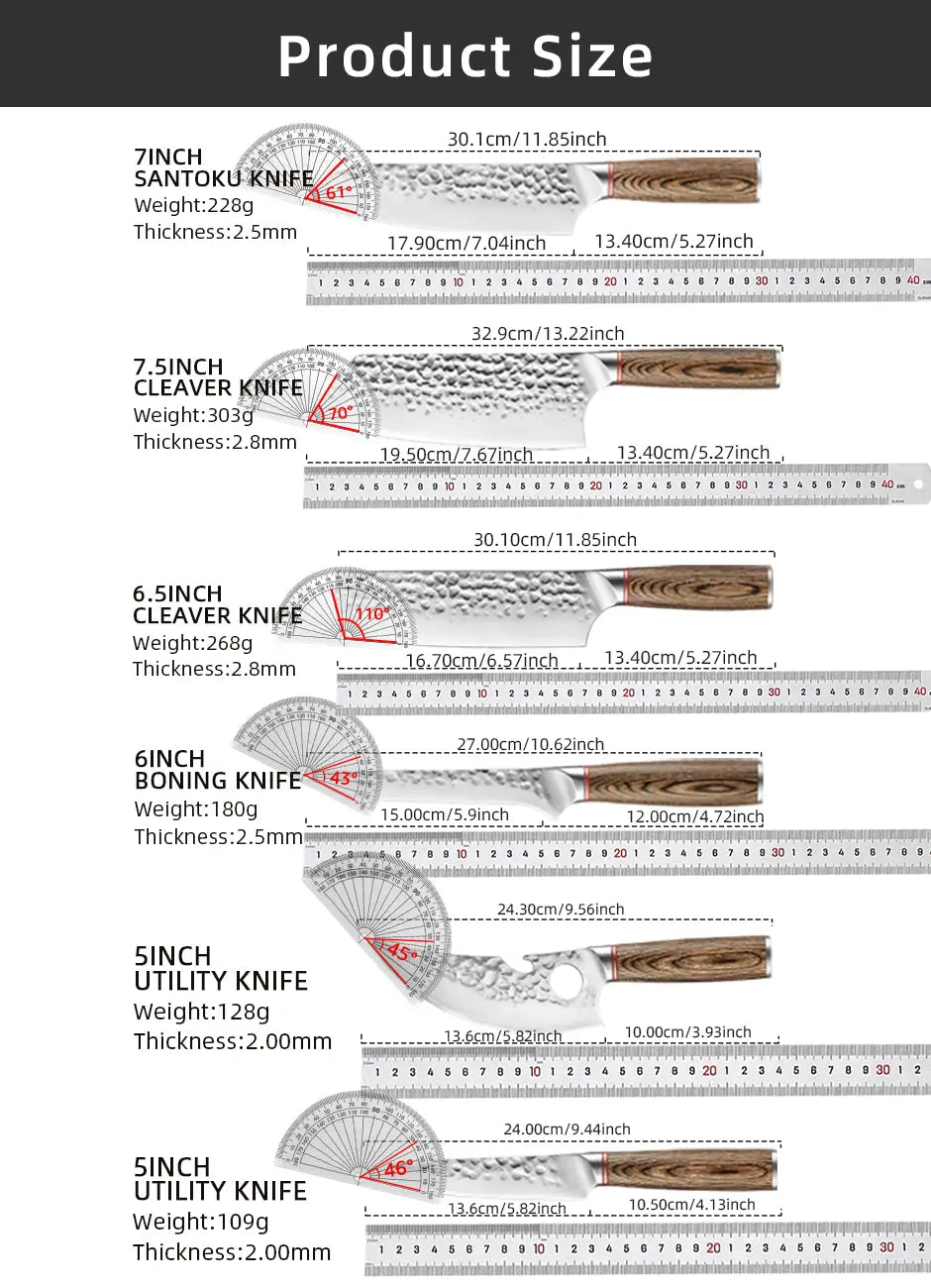 A set of five forged stainless steel chef knives with wooden handles and metallic blades including a 7-inch santoku knife, 7.5-inch cleaver, 6.5-inch cleaver, 6-inch boning knife, and two 5-inch knives.