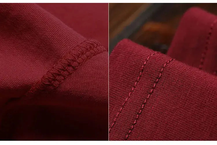 T-shirt en coton rouge bordeaux pour homme, à manches longues, encolure en V, coupe slim, avec une couture assortie et régulière le long de la couture.