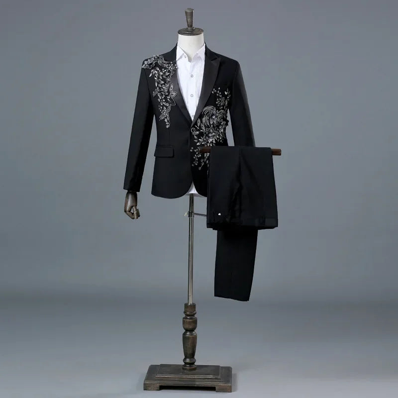 Men's Black Suit with Silver Floral Embroidery 2-Piece Formal Tuxedo Set Stage Performance Wedding Party Blazer and Pants Suit