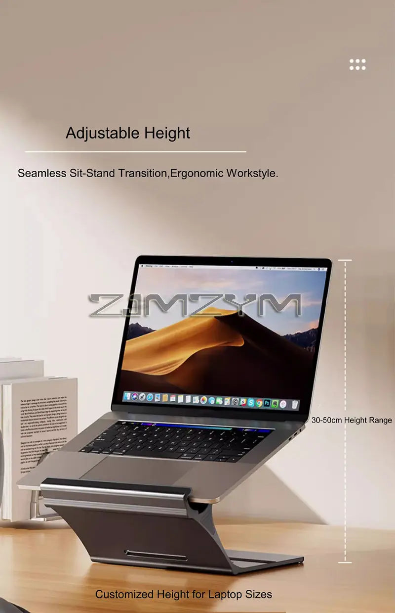 Silver aluminum laptop stand with sleek adjustable height design for ergonomic desk use