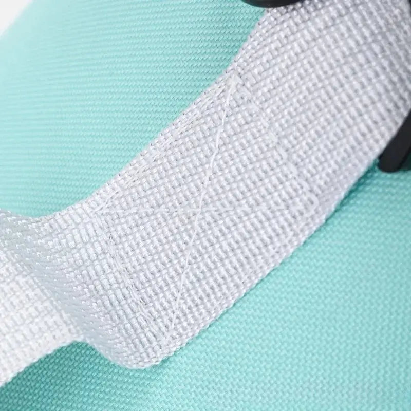 Sangle tissée blanche avec boucle en plastique noire sur le sac bandoulière de transport pour animaux en maille respirante, sur un fond en tissu vert menthe.
