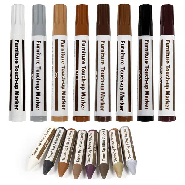 Lot de sept stylos de retouche de peinture pour réparation de meubles en bois, avec tiges de remplissage assorties dans diverses tonalités de bois et en noir, pour la restauration des rayures.