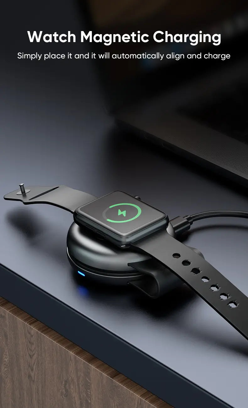 Black magnetic watch charging pad with sleek circular design and subtle blue led indicator light for foldable 3-in-1 magnetic wireless charger.