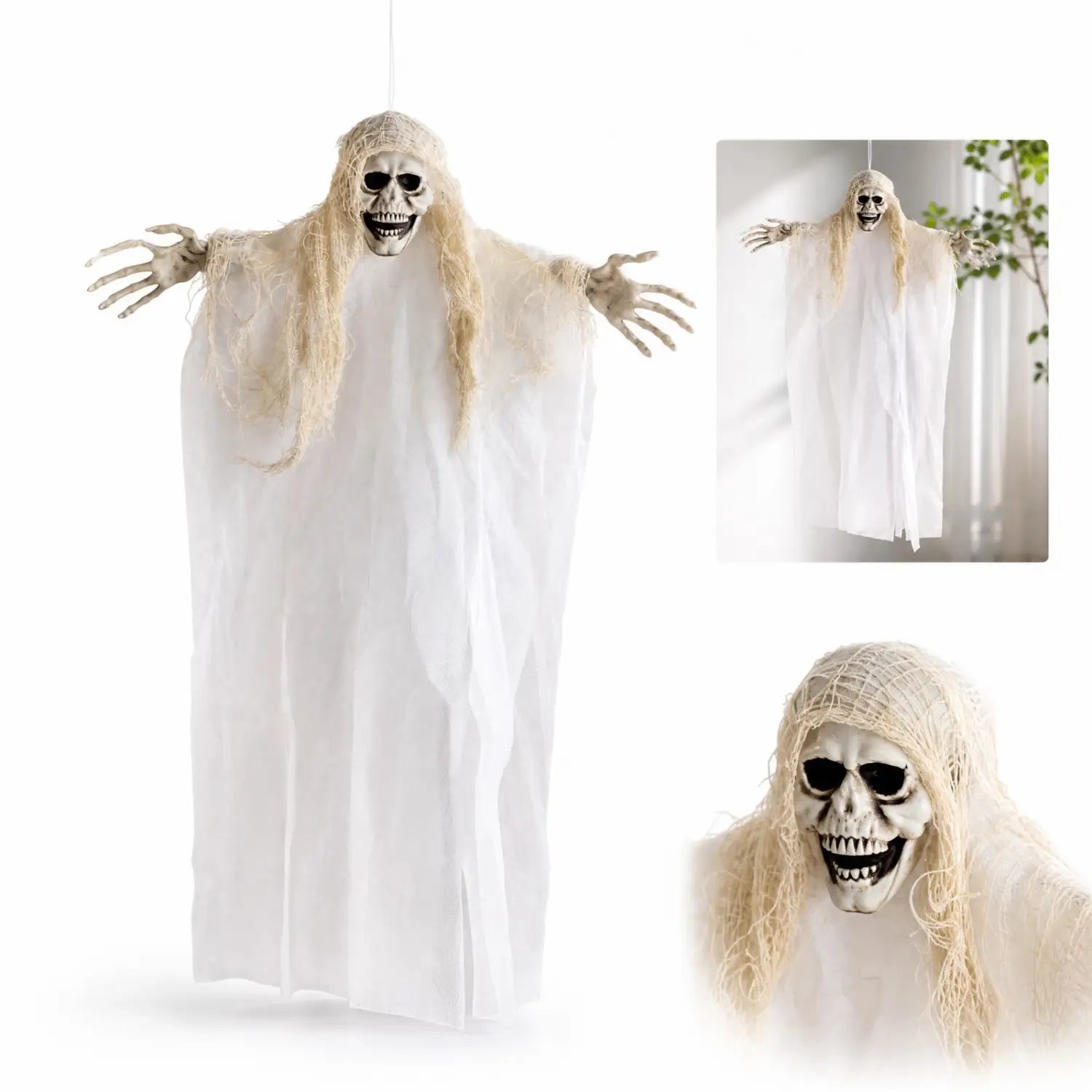 Décoration d’Halloween suspendue en forme de squelette fantôme blanc, avec un visage spectral et de longs cheveux blonds filandreux, conçue pour la salle d’évasion et pour une décoration suspendue d’Halloween