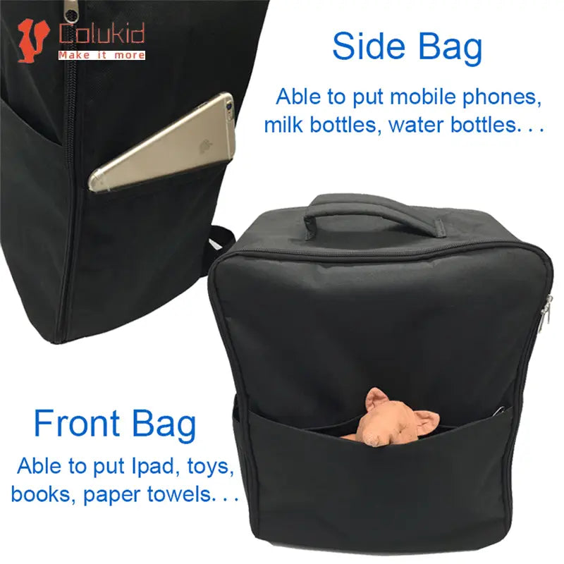 Sac à dos latéral de voyage pour poussette en tissu noir pour Cybex Libelle Gb Pockit, avec poignée supérieure et fermeture à glissière pour les téléphones mobiles ou les bouteilles d’eau.