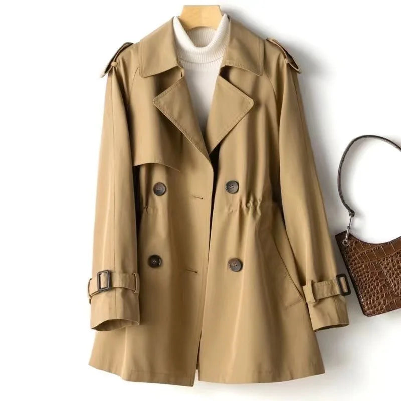 Women's Casual Trench Coat Midi Length Windbreaker Female Outerwear for Spring Autumn Big Size Black Khaki 4XL