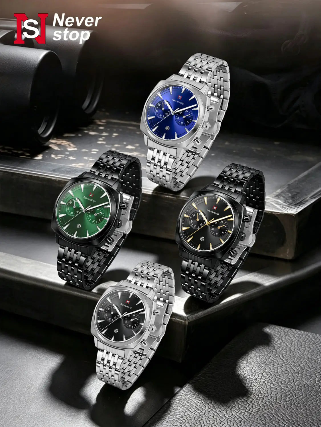 men’s stainless steel chronograph watches in silver and black with blue green and black dials displaying precise timekeeping features.