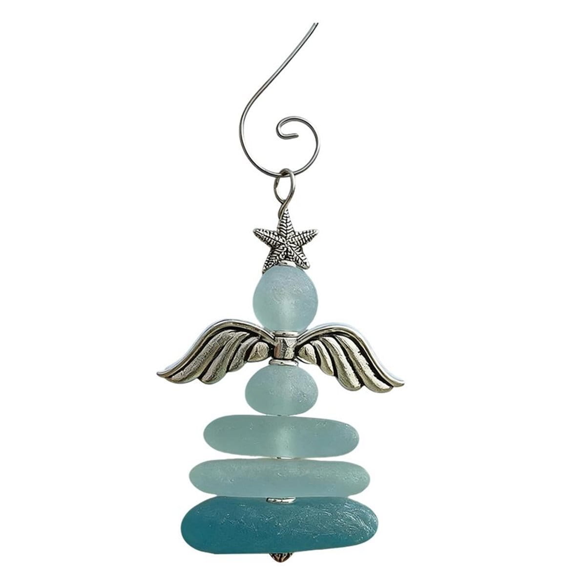 silver angel christmas ornament featuring layered sea glass beads and a starfish accent for christmas coastal tree decor