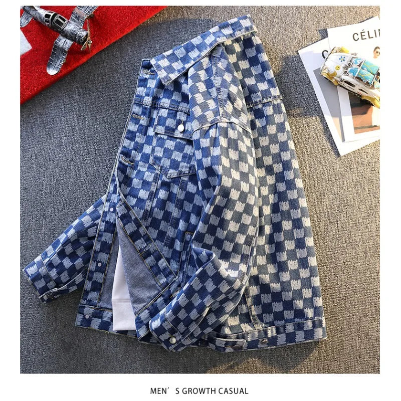 Jackets For Man Trendy Oversized Checkerboard Print Denim Man Coat Casual Streetwear Style Outerwear For Men