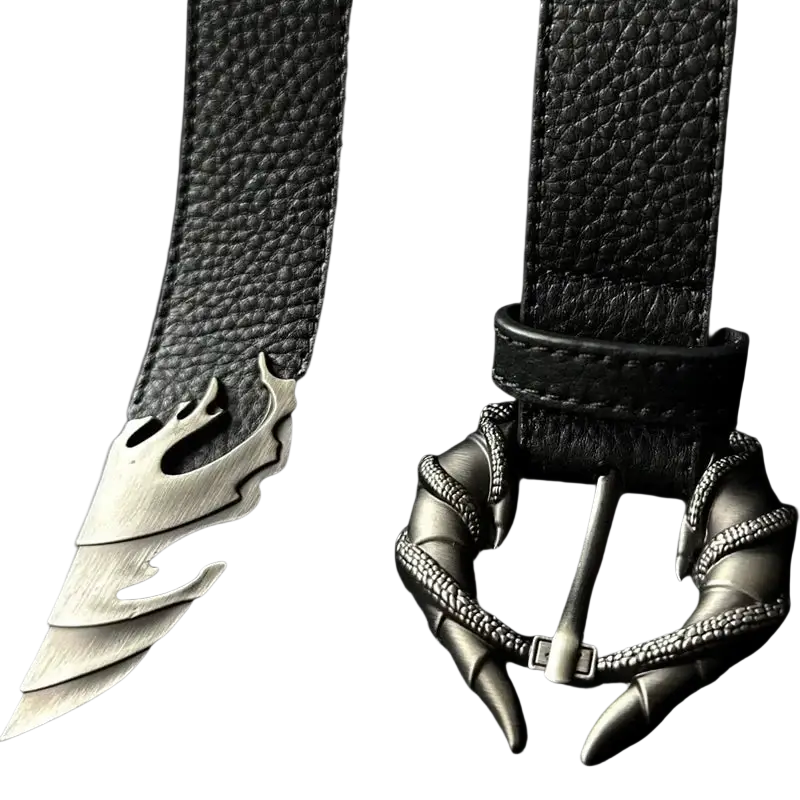 Black textured leather gothic dragon buckle belt with silver flame-shaped buckle and dragon-claw hardware plus size y2k decoration