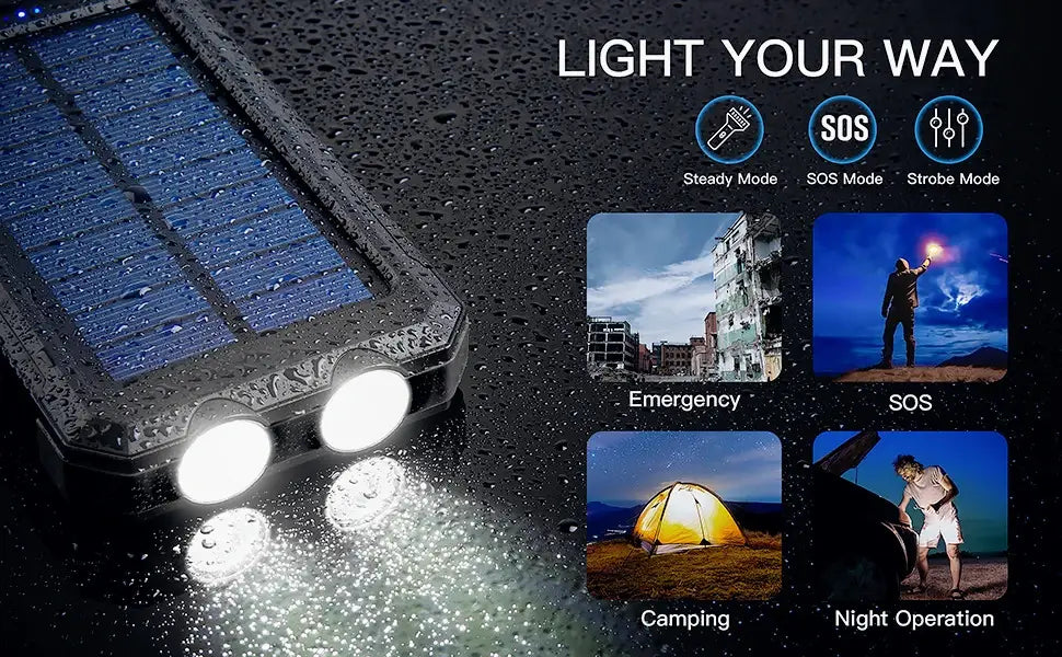 Black rugged solar-powered flashlight with three bright white LED lights and textured waterproof casing integrated into the Solar Power Bank 20000mAh rugged portable charger.