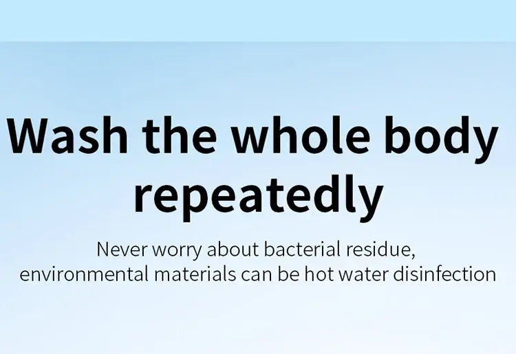 The image displays a respiratory trainer lung fitness device with a light blue gradient background featuring bold black text instructing to wash the whole body repeatedly and smaller supporting text below.