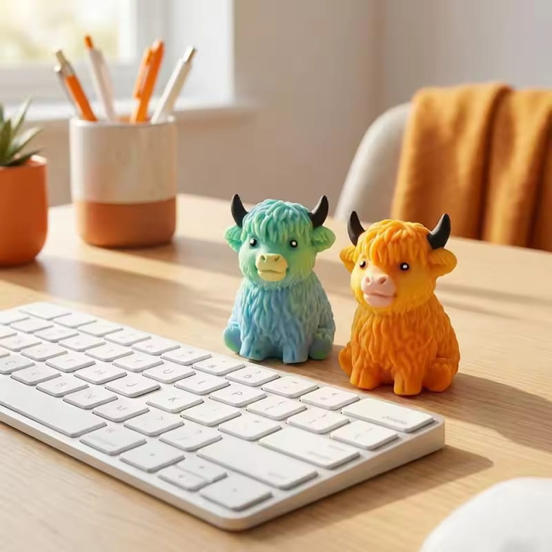 Deux jouets antistress moelleux à montée lente en forme de vache des Highlands texturés et colorés sont placés côte à côte sur un bureau, comme relaxants antistress.
