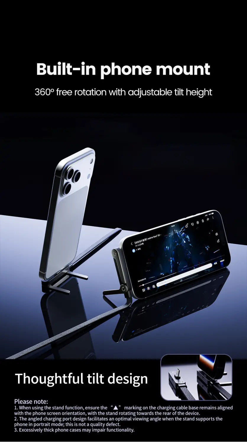 Silver iPhone with triple-camera system on the back side mounted on a sleek minimalist phone stand with 65w USB-C fast charging cable and phone holder.
