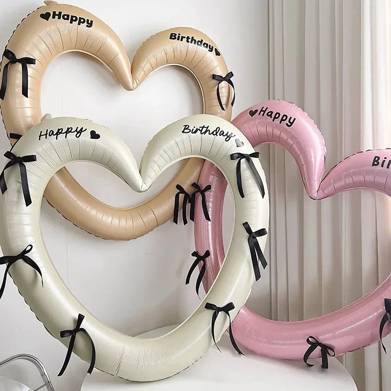 Happy Birthday Heart Photo Frame Balloon with Bowknot Stickers Girlsfriend Birthday Party Photo Props Wedding Ballon Decoration