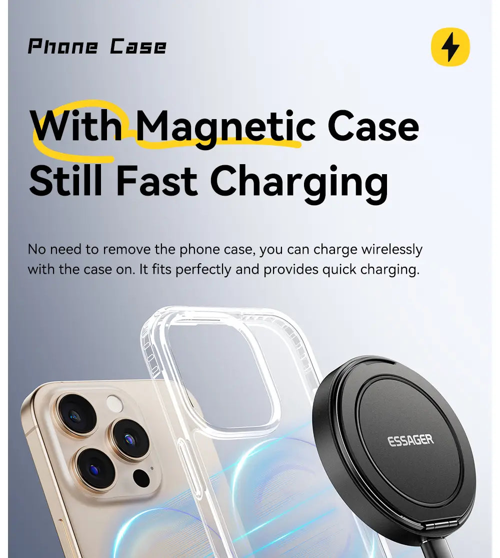 black circular magnetic wireless charger stand by essager featuring 15w fast charging capability and compact design