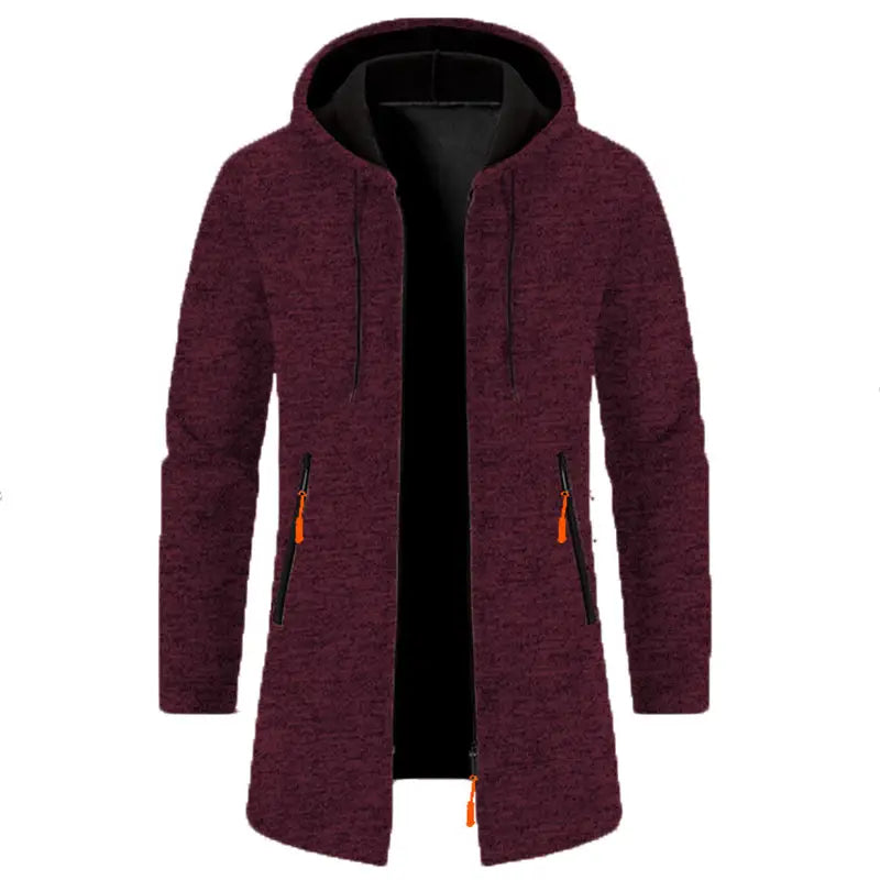 Sudadera con cremallera extragrande para hombre en tejido con textura burdeos, con forro interior negro y tiradores de cremallera color naranja.