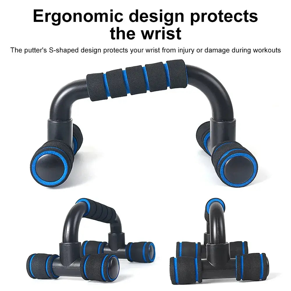 adjustable push up bars for home muscle training in black and blue featuring ergonomic design with padded grip and rounded ends.