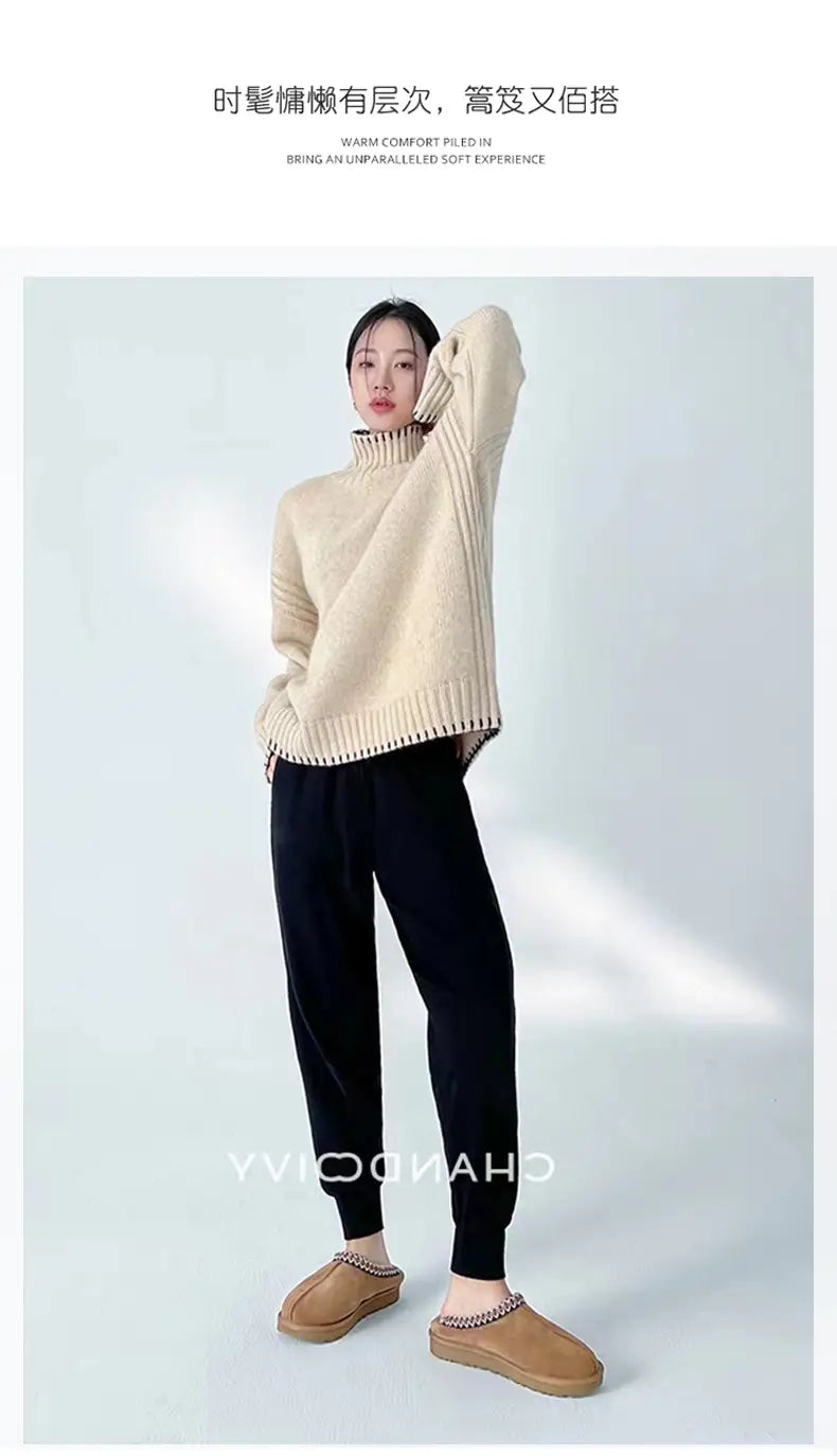 Cream-colored ribbed-knit pure wool turtleneck sweater for women with a relaxed fit