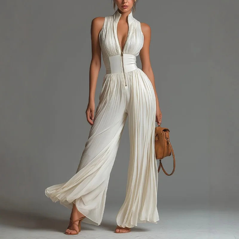 Women Elegant Pleated Chiffon Jumpsuits Sexy Zip-up Stand Collar Sleeveless Corset Slim Wide Leg Pants Casual Overalls Rompers
