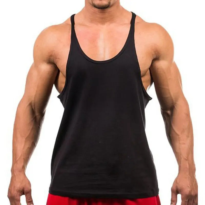 Camiseta sin mangas de algodón para gimnasio de hombre de tipo muscle en negro, con diseño sin mangas, escote redondo y tirantes acanalados en los hombros