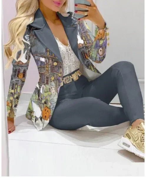 2026 Women Formal Jacket & Trousers Office Lady Outfits Autumn Women Two Pieces Set Print Blazer Coat & Pants Suit Sets Female