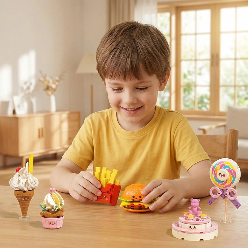 Building blocks, creative and cute food, happy fast food, jigsaw puzzle, sweet words, small particles, educational assembly toys