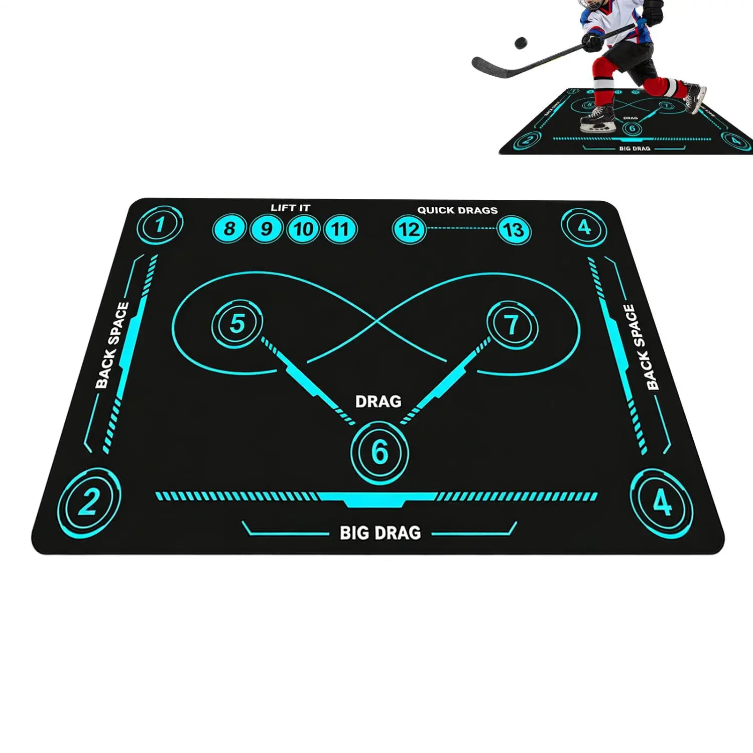 Black hockey training mat non slip stickhandling pad with teal glowing markings and numbered zones for drills.