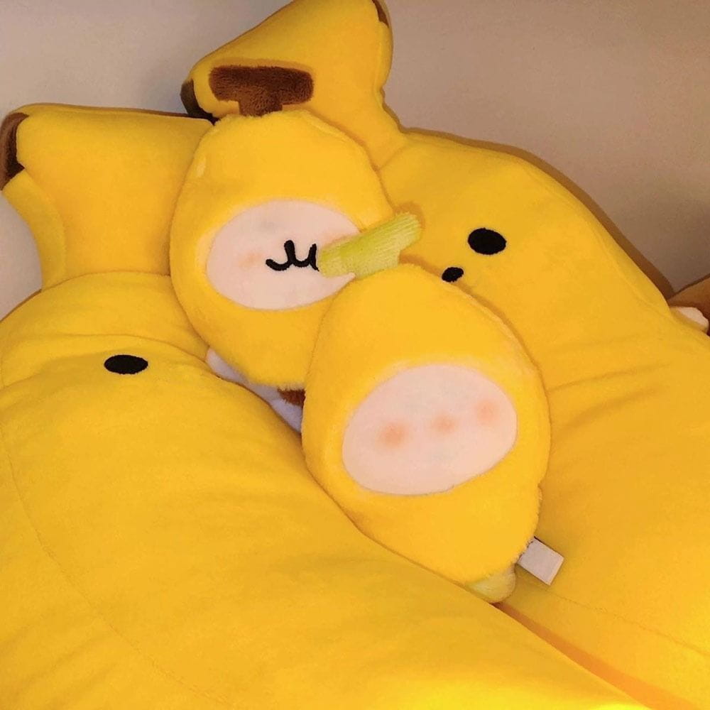 yellow plush doll headgear animal costume 10cm featuring banana-themed bedding set with soft cuddly texture and cute facial features