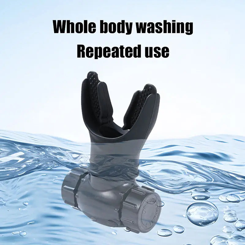 Black and gray plastic lung breathing trainer fitness resistance exercise tool featuring a textured grip on the mouthpiece.