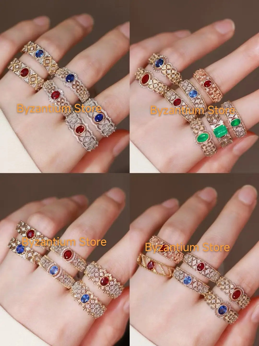 Goldfarbene Ringe mit aufwendig mit Diamanten besetzten Bändern und zentralen roten, blauen oder grünen Edelsteinen, kombiniert mit Ohrringen mit silbernen Tropfenquasten in Gold-Vermeil.