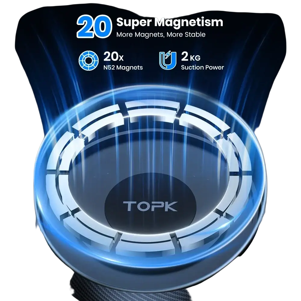 Topk magsafe car phone holder with circular metallic ring and 20 n52 magnets showing strong magnetism premium quality
