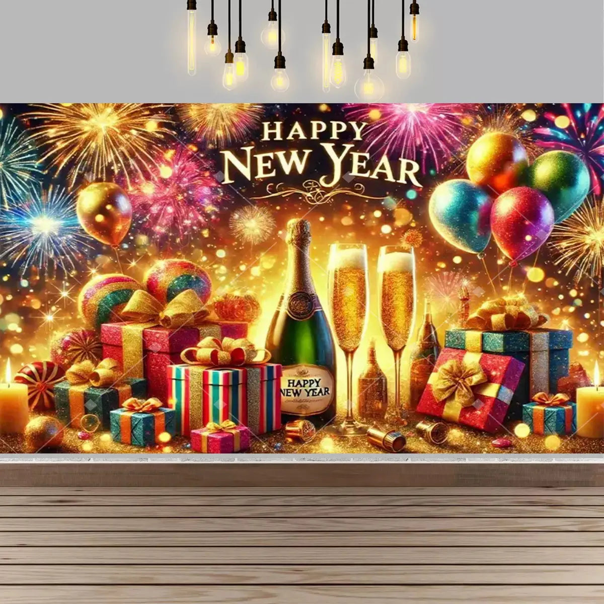 a green champagne bottle with a gold foil wrapped neck and happy new year label standing beside two filled flutes of sparkling wine against a new year party photography backdrop with fireworks and clock
