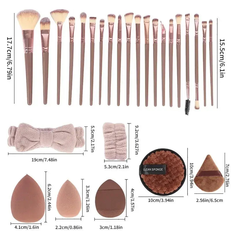 Rose gold makeup brush set with assorted sizes and shapes including a spoolie brush for precise eye makeup application as part of the 46 piece pink makeup brush and sponge set designed for makeup application.