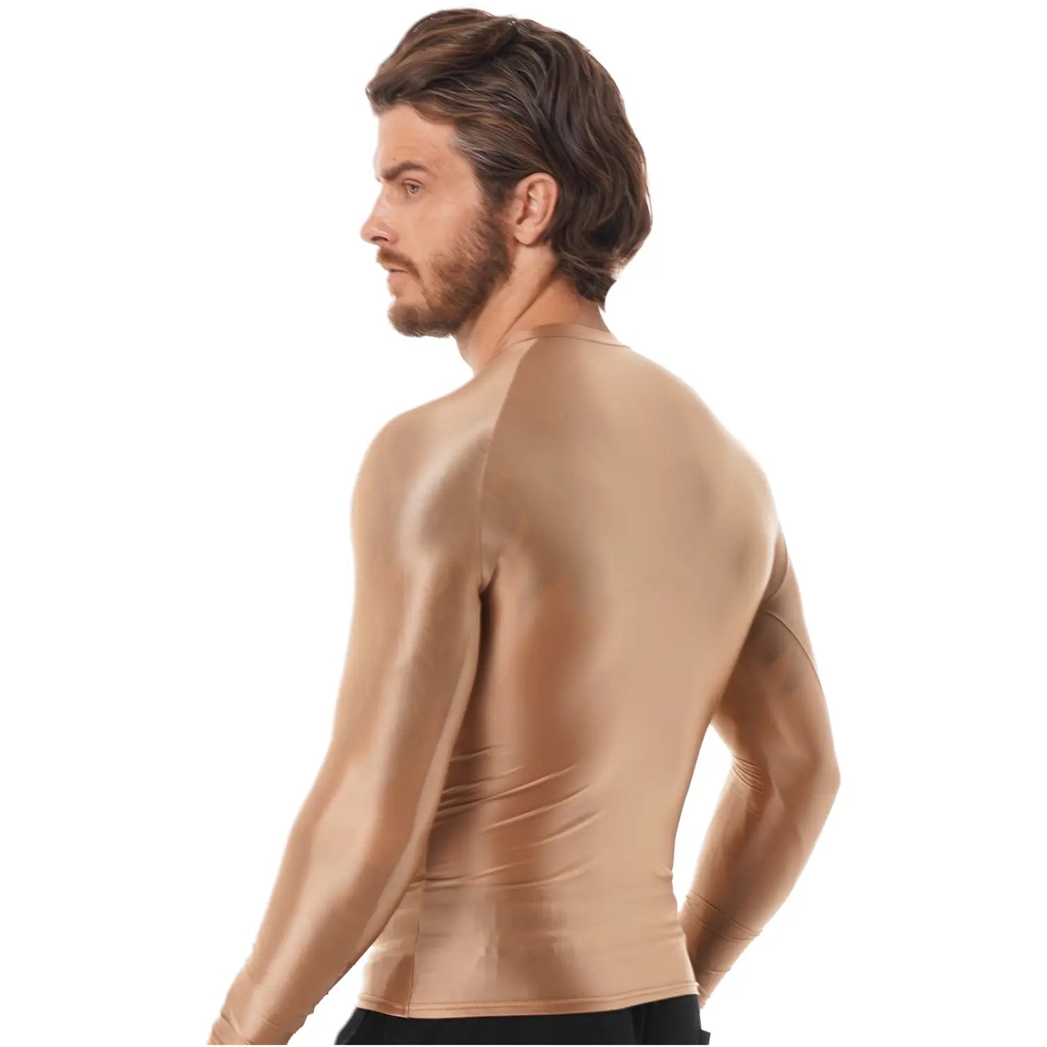 Camiseta de compresión para hombre de manga larga y acabado brillante en color beige, con tejido elástico y elegante que se adapta al cuerpo y proporciona un ajuste ceñido