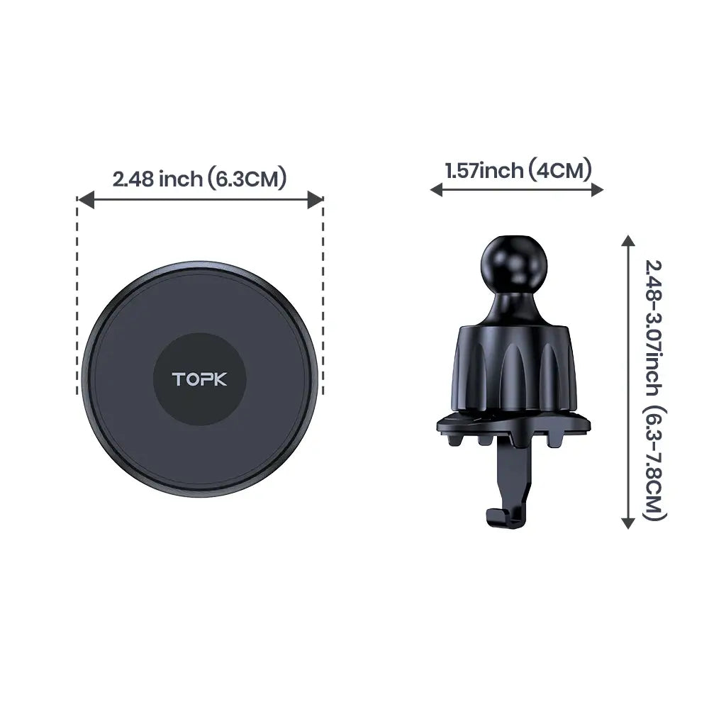 Support de téléphone pour voiture Magsafe noir avec base circulaire et articulation à rotule réglable, présentant un anneau magnétique vu depuis un angle avant.