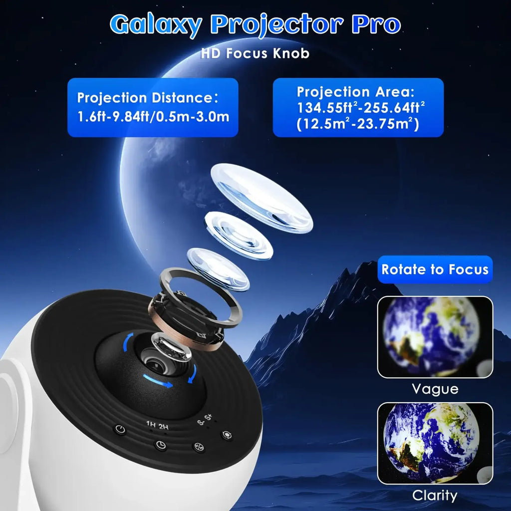 White and black galaxy projector pro with hd focus knob and white noise for bedroom star projection and timer control